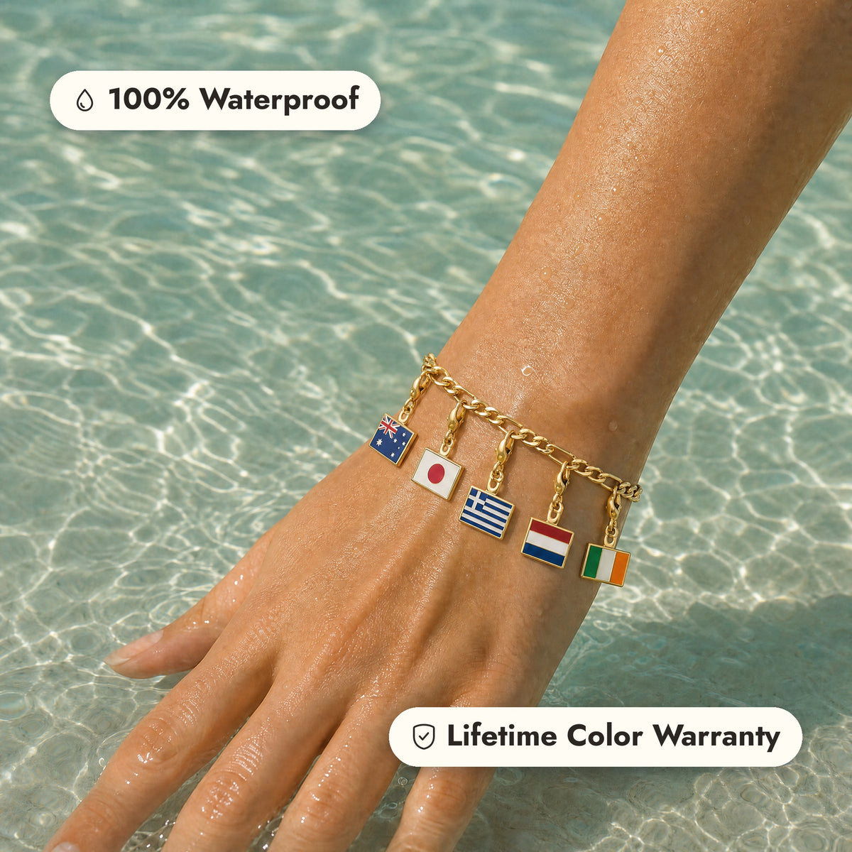 Travel Flag Bracelet in seawater: 100% waterproof, Lifetime Color Warranty