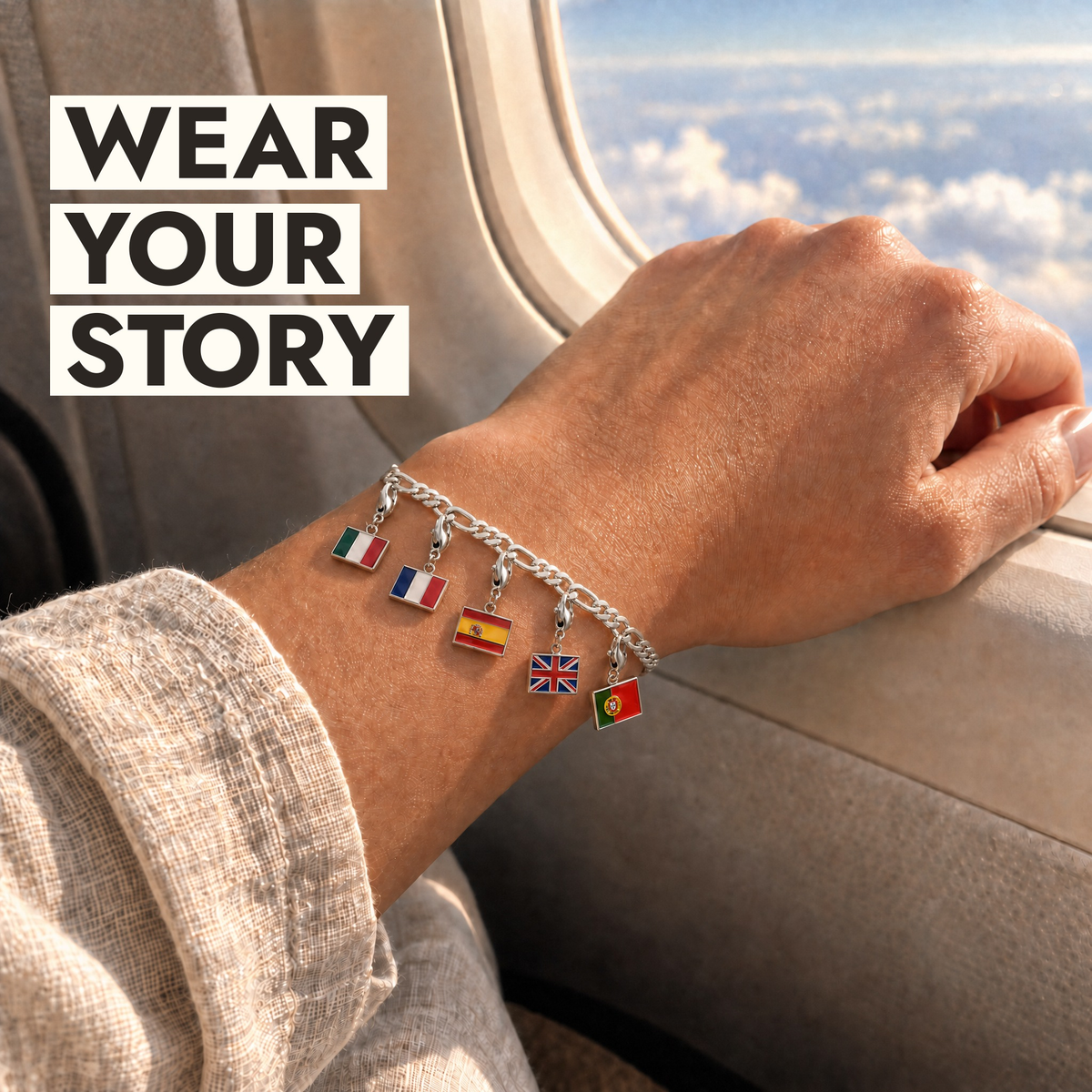 Travel Flag Bracelet worn at a plane window: wear your story