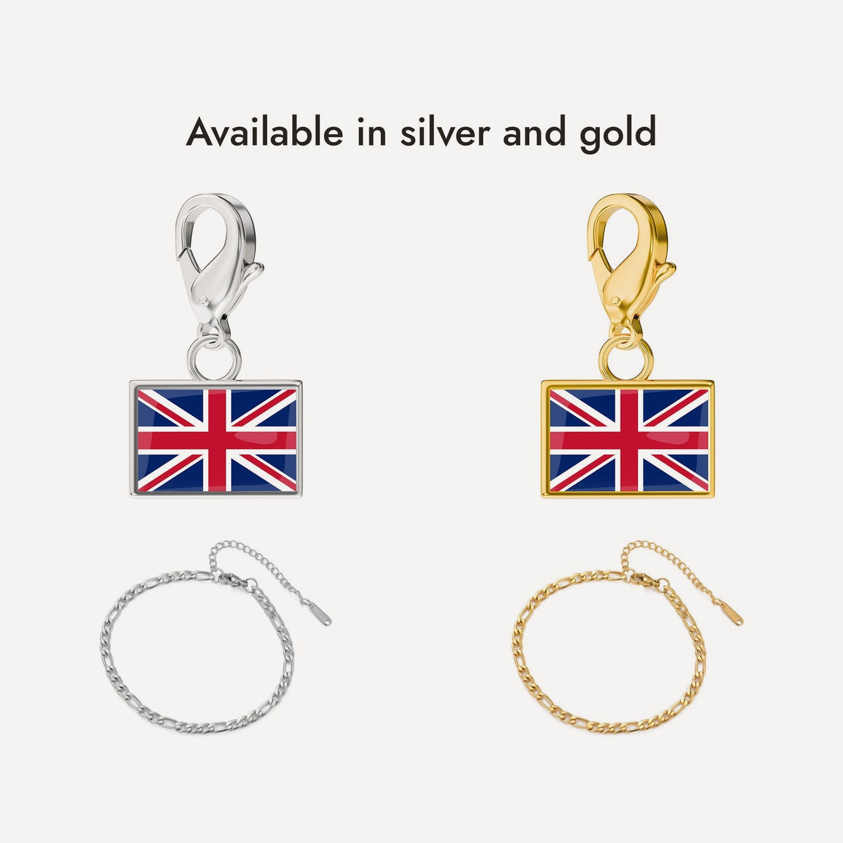 Available in silver and gold: the flag charm and the bracelet in both finishes