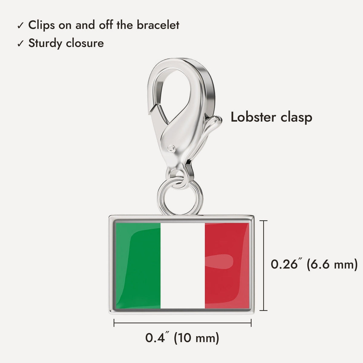 Charm size: 0.4 x 0.26 in (10 x 6.6 mm), on a lobster clasp