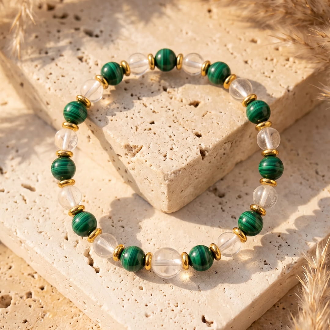"New Beginning" Bracelet in Malachite & Rock Crystal