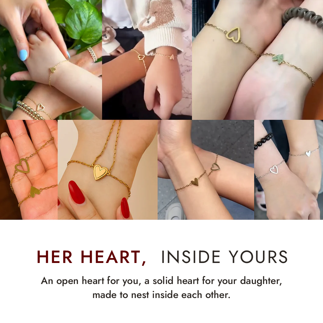 Donata Mother-Daughter Bracelet Set: an open heart for you, a solid heart for your daughter, made to nest inside each other