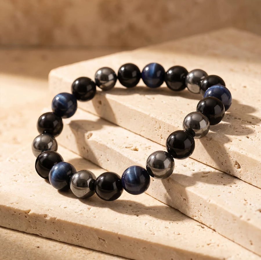 "Steady Course" Bracelet in Hematite, Black Tourmaline & Blue Tiger's Eye