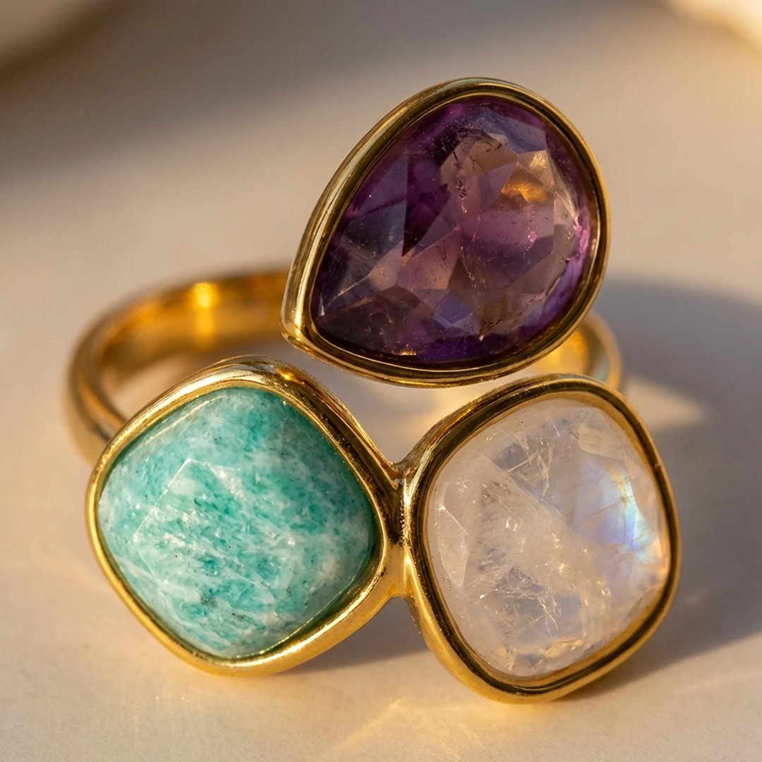 "Kalyani" Ring in Amazonite, Rose Quartz & Amethyst