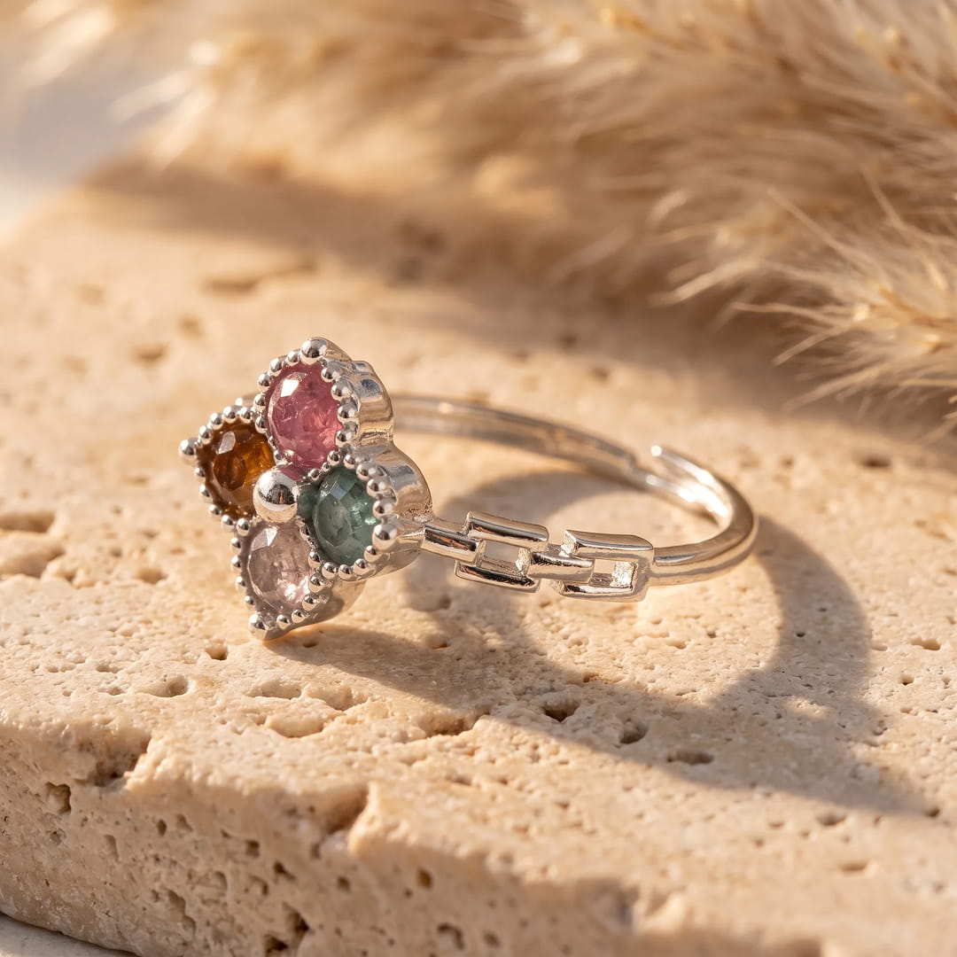 Clover Adjustable Ring in Multicolor Tourmaline