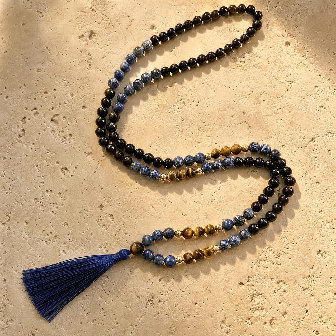 Mala Necklace in Sodalite, Tiger's Eye & Black Onyx