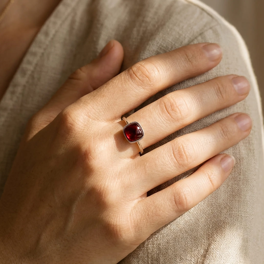 "Square Passion" Adjustable Ring in Garnet