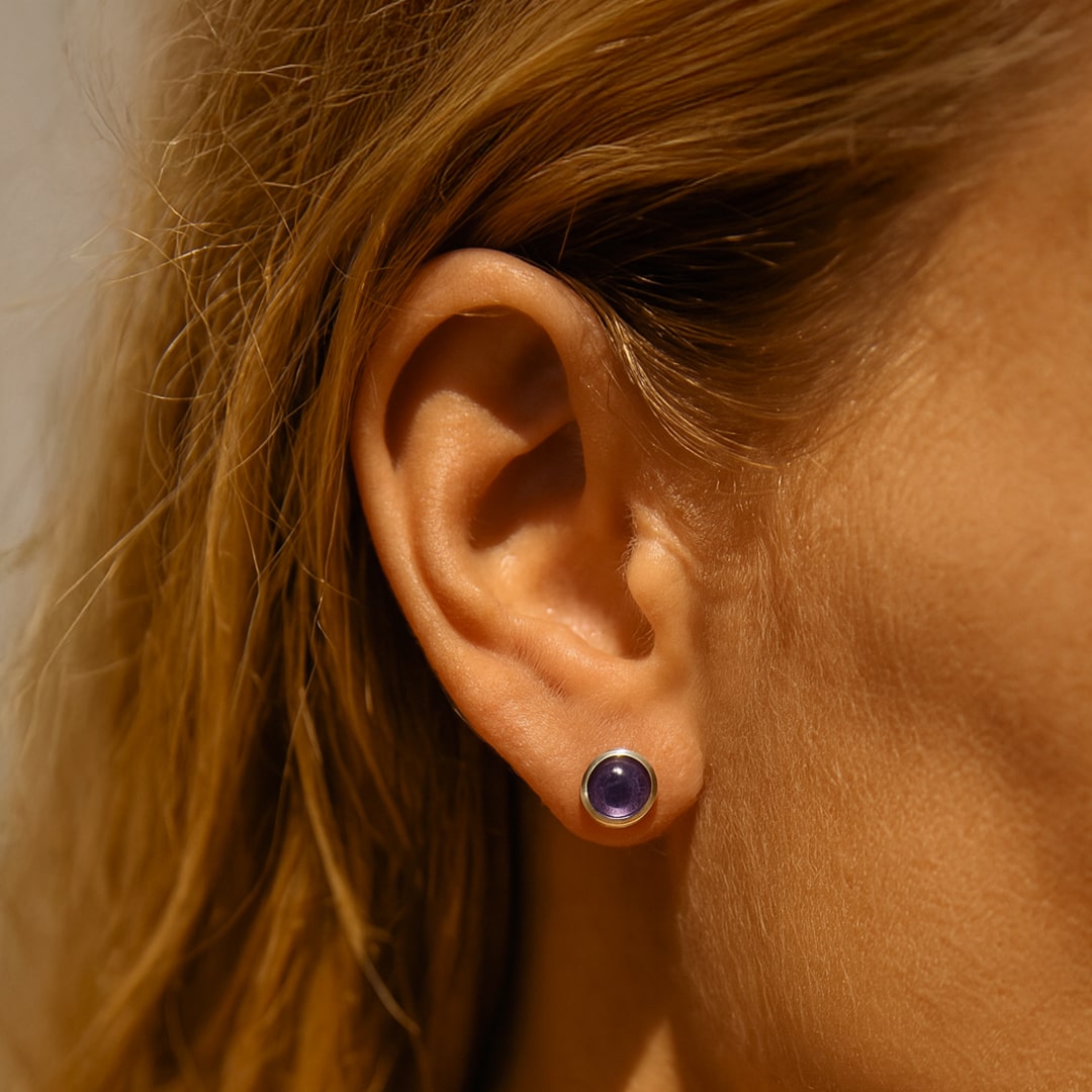Stud Earrings in Amethyst & Silver-Tone Metal
