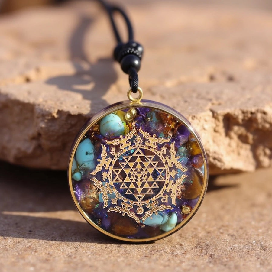 "Golden Geometry" Orgonite Pendant in Turquoise & Tiger's Eye