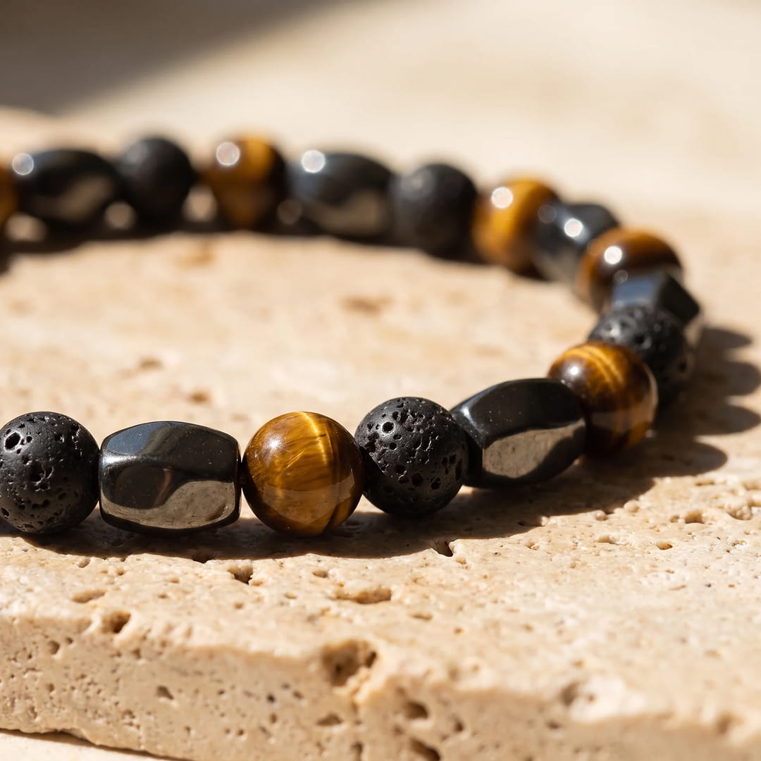 Triple Protection Bracelet in Lava Stone, Tiger's Eye & Hematite