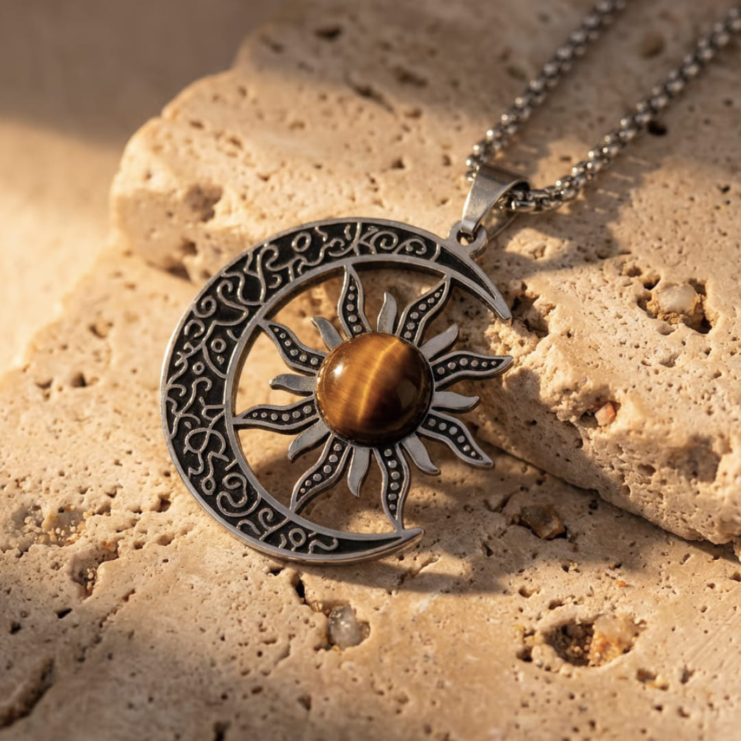 "Moon-Sun Cosmic Balance" Pendant in Tiger's Eye