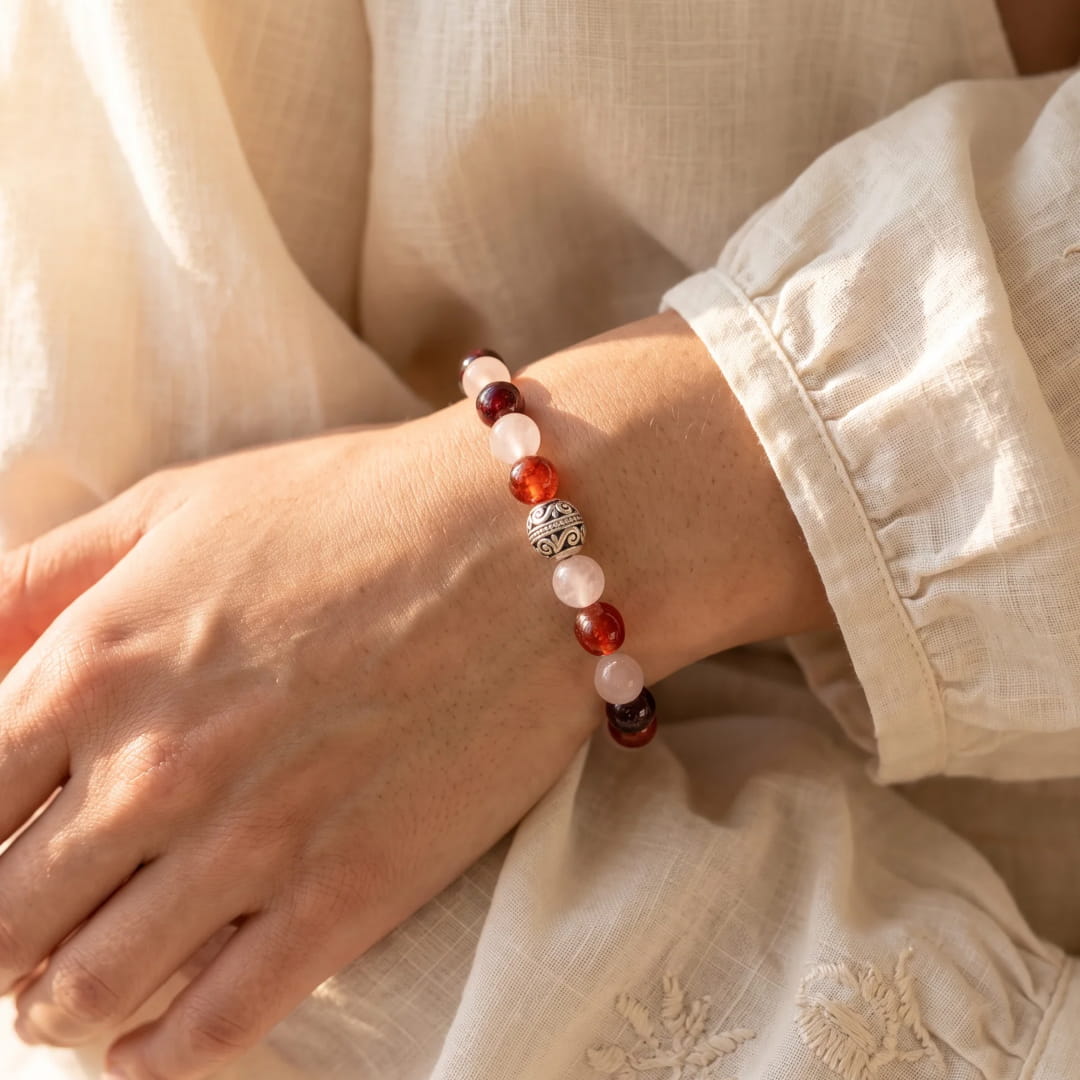 "Strength of the Heart" Premium Bracelet in Garnet, Rose Quartz & Carnelian