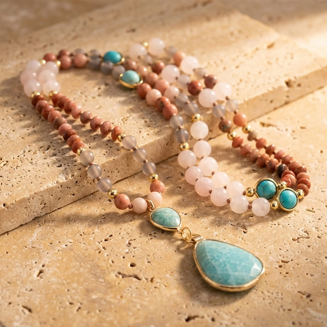 Ethnic Necklace in Turquoise, Amazonite, Rose Quartz & Rhodonite