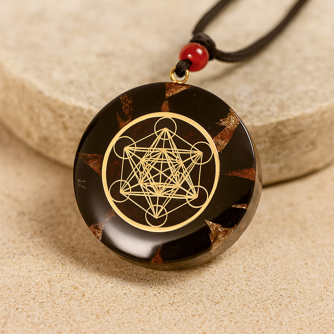 "Thirteen Circles" Orgonite Pendant in Obsidian & Garnet