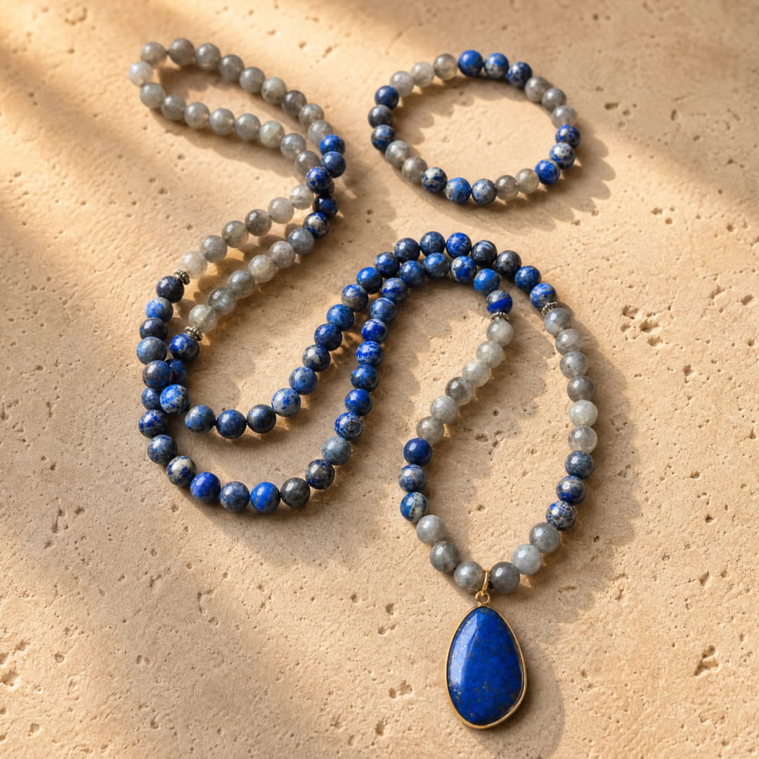 "Celestial Grounding" Mala Necklace in Lapis Lazuli & Labradorite